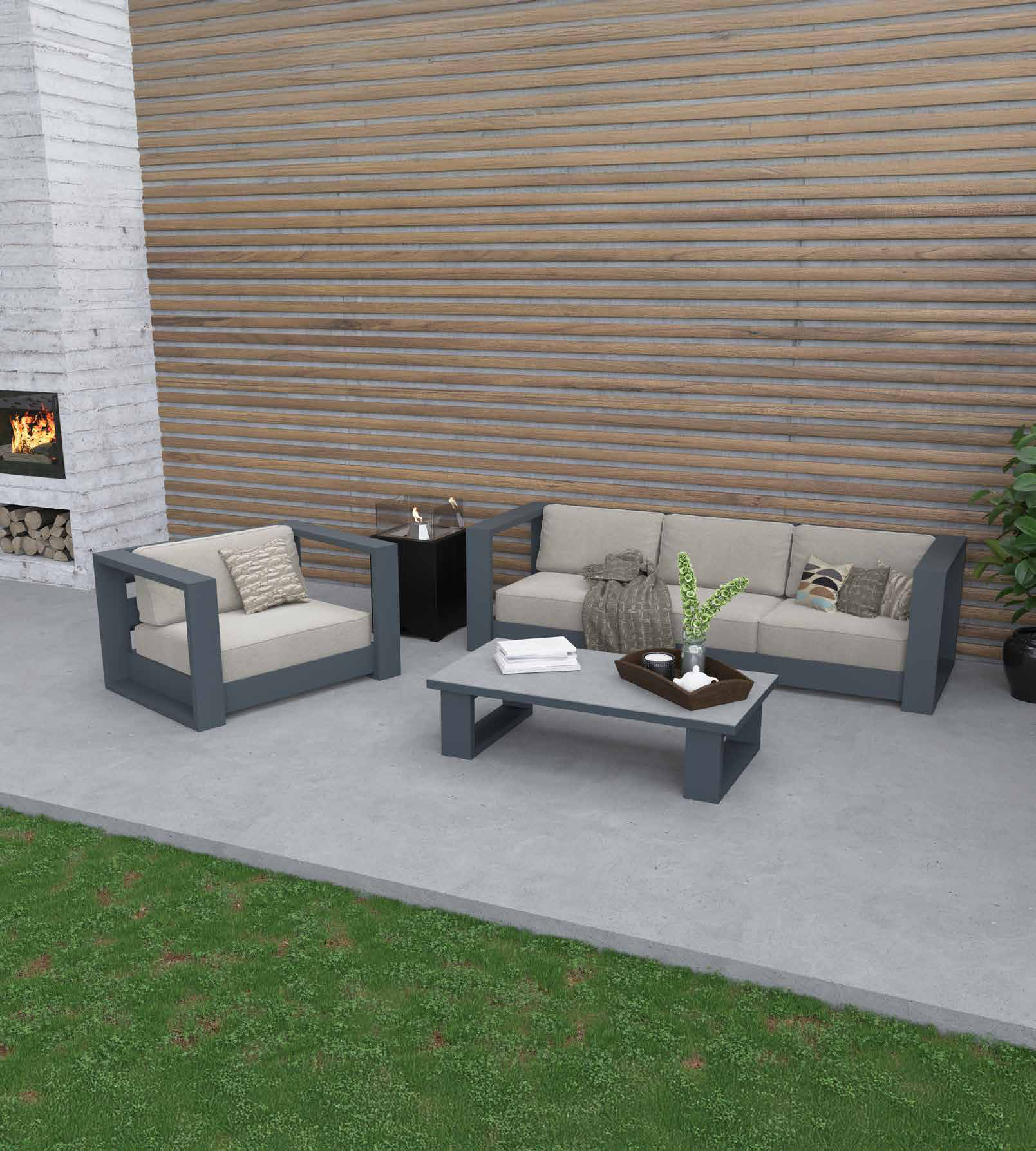 Salon de jardin canapé fauteuil table basse aluminium